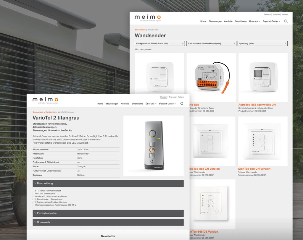 Meimo Website: Produktübersicht und Produktdetailansicht