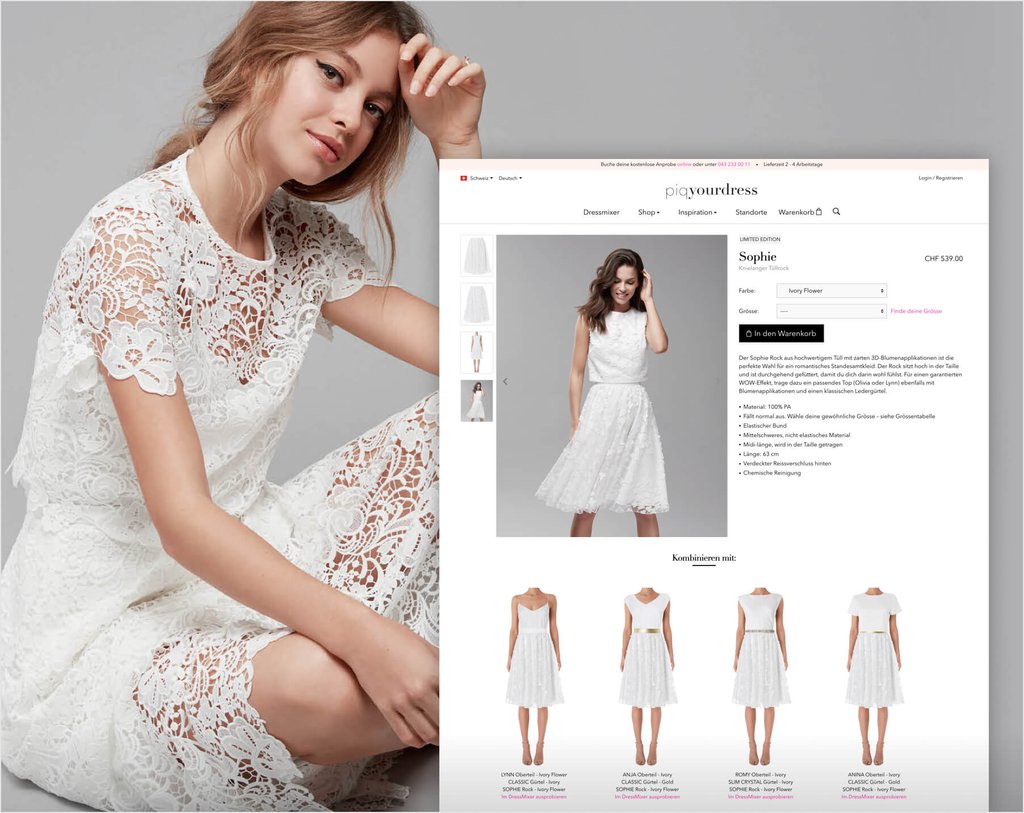 Bildschirmfotos vom Piqyourdress Online Shop (Produktdetailsansicht)